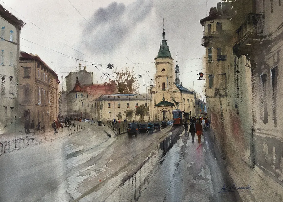 Image of A cloudy day in Lviv by Andrii Kovalyk, size: 38x56, made of Watercolor , Original Artworks  medium, from Lviv, part of the Sold series