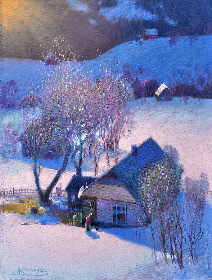 Image of A Winter Day in the Carpathians by Andrii Kovalyk, size: 65x50 cm , made of Pastel on paper, Original Artworks  medium, from Madrid , part of the Landscapes Around the World  series, priced at €550